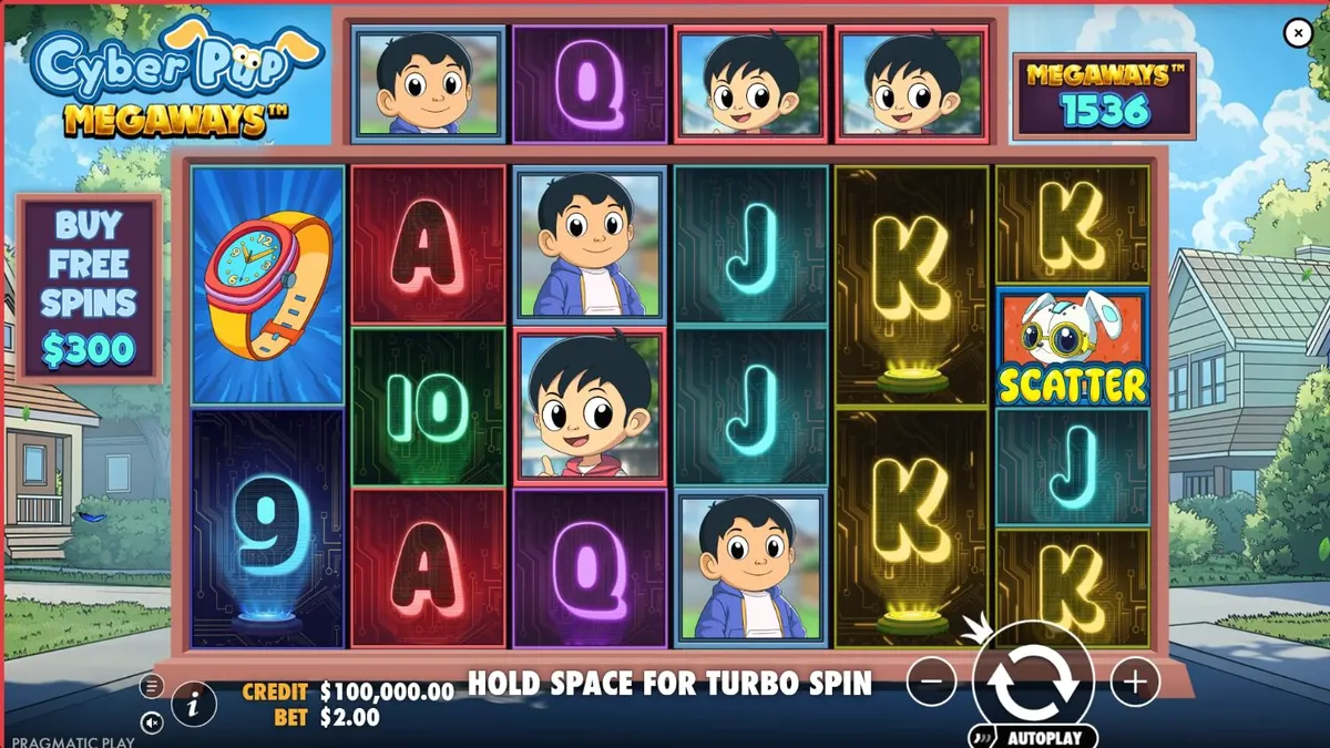 Interface futurista e vibrante do slot Cyber Pup Megaways com elementos de anime e tecnologia